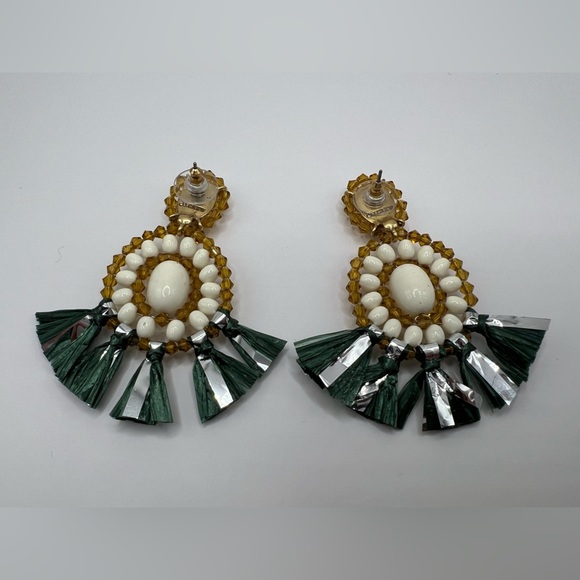 NWT! J. Crew Bead and Raffia Fringe Stone Drop Earrings And Dust Bag - Picture 5 of 9